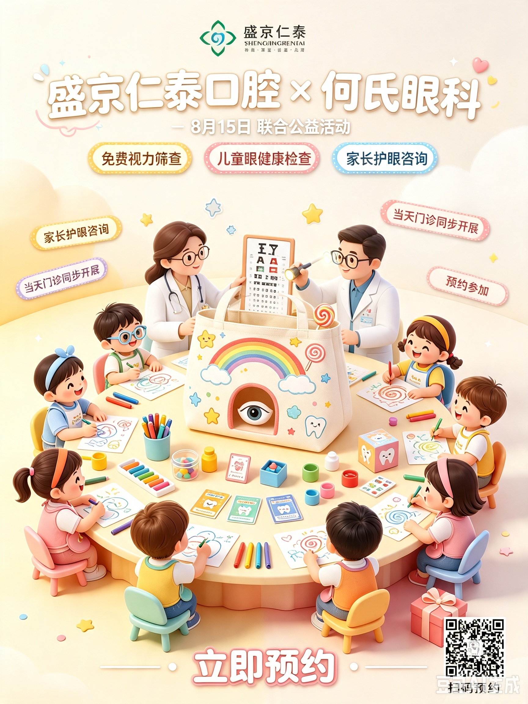盛京仁泰口腔8月15日联合何氏眼科免费检查活动海报宣传 (2).png
